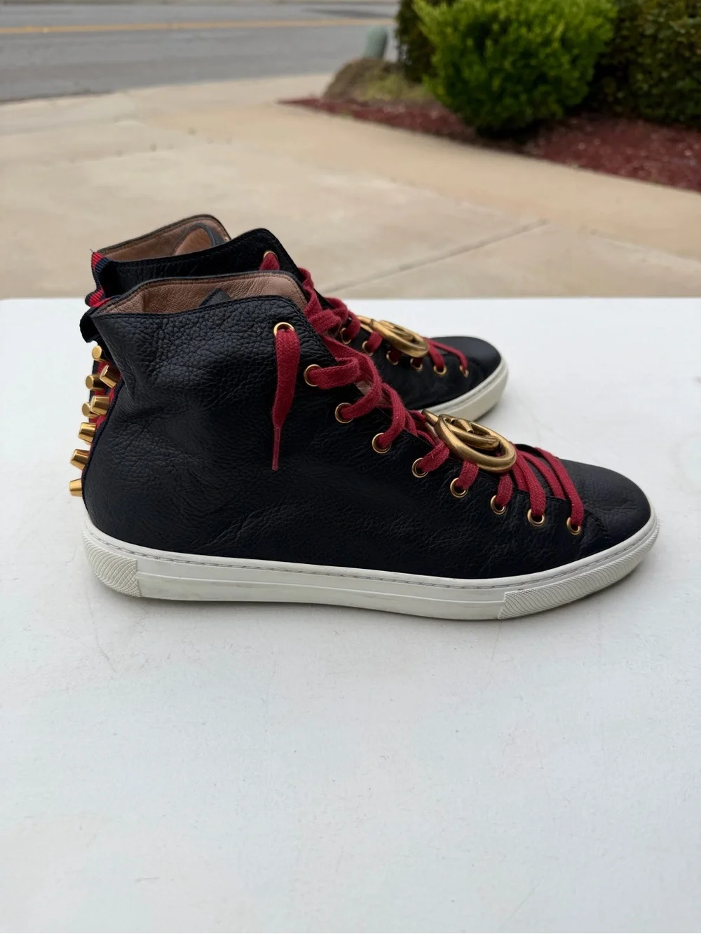 Gucci Black Leather High-Top Sneakers with Burgundy Laces and Gold GG